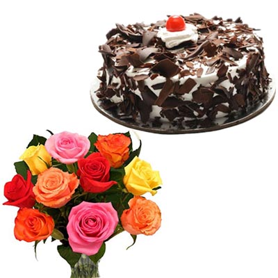 "Round shape cake - Half kg ,12 mixed roses flower bunch - Click here to View more details about this Product